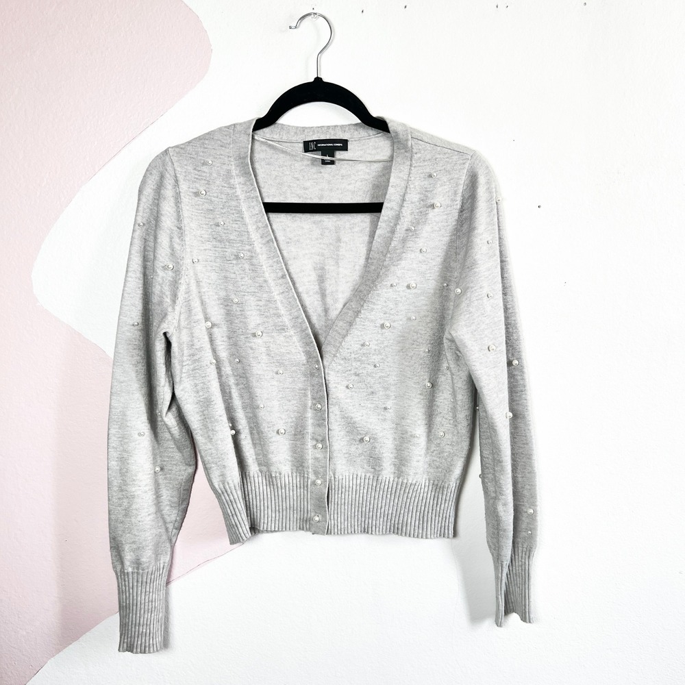 GRAY PEARL CARDIGAN SWEATER BUTTON DOWN PREPPY LARGE
